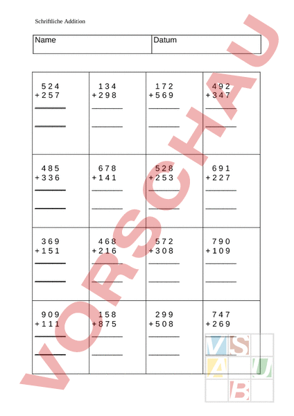 Arbeitsblatt: Schriftliche Addition - Mathematik - Addition