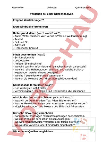 Arbeitsblatt: Vorgehen Quellenanalyse - Geschichte - Anderes Thema