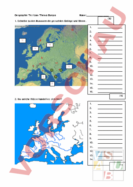 Arbeitsblatt: Test Europa - Geographie - Europa