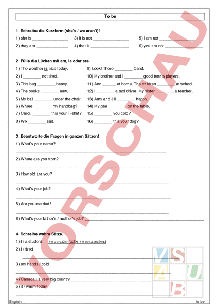 Englisch Übungen To Be Arbeitsblätter
 Arbeitsblatt to be Englisch Grammatik
