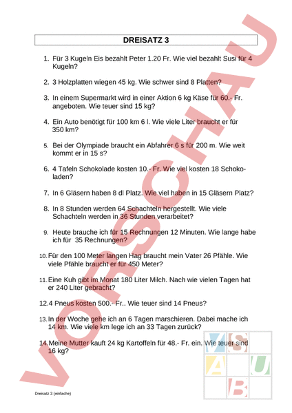 Arbeitsblatt: Dreisatz - Mathematik - Dreisatz