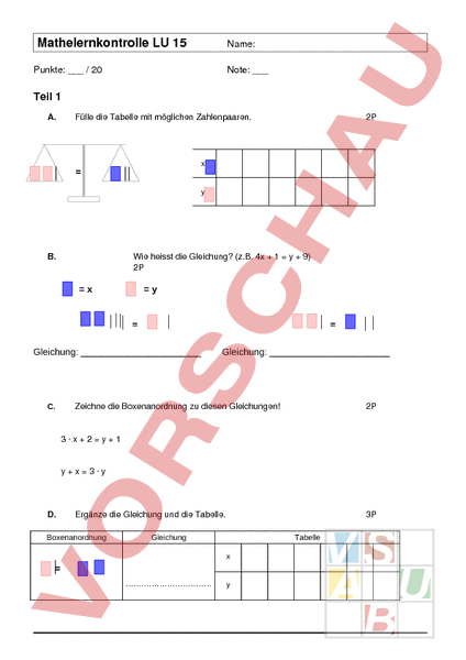 Arbeitsblatt Kurztest Lu Mathematik Gleichungen Ungleichungen