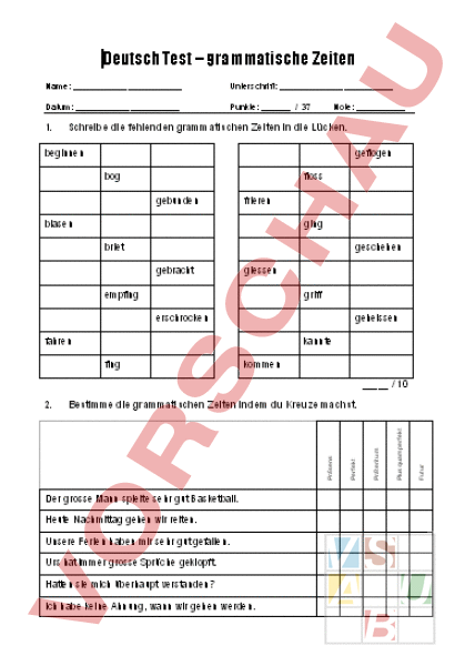 Arbeitsblatt: Test Grammatische Zeiten - Deutsch - Grammatik