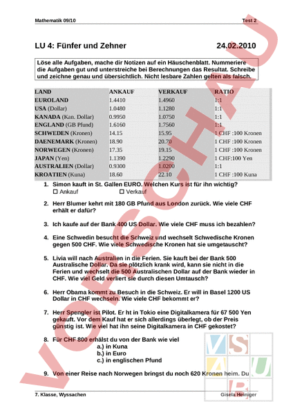 Arbeitsblatt Test Lu Mathematik Gemischte Themen