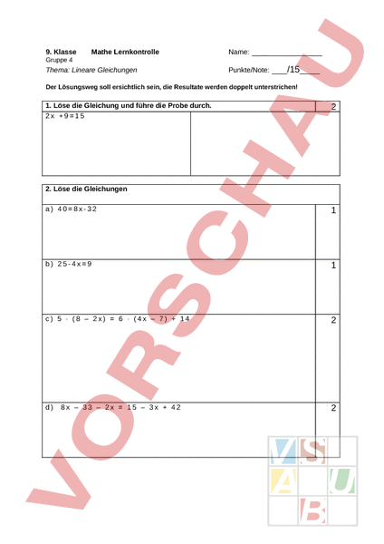 Arbeitsblatt: Lineare Gleichungen - Mathematik - Algebra