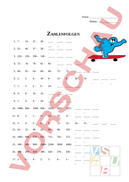 Arbeitsblatt: Zahlenfolgen 2 - Mathematik - Gemischte Themen