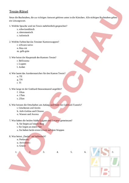 Arbeitsblatt Tessin Ratsel Geographie Schweiz