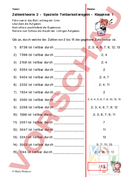 Arbeitsblatt Teilbarkeitsregeln
 Arbeitsblatt Teilbarkeitsregeln Mathematik Gemischte Themen