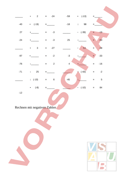 Arbeitsblatt: Negative Zahlen - Mathematik - Gemischte Themen