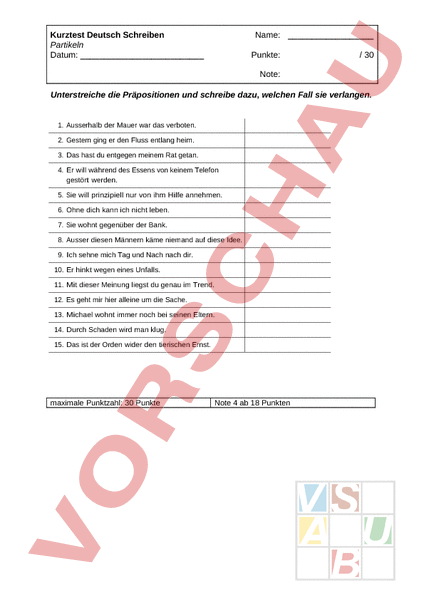 Arbeitsblatt Kurztest Partikel Deutsch Grammatik