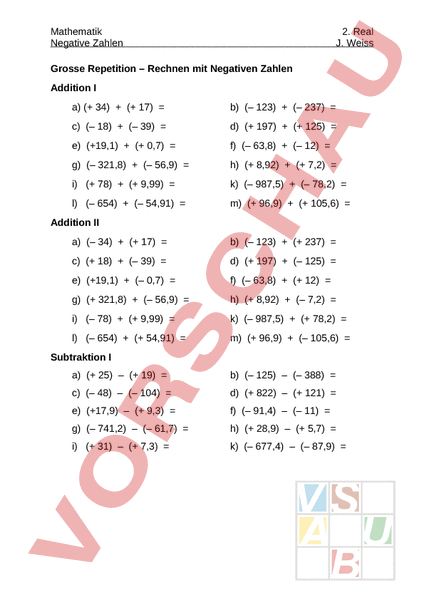 Arbeitsblatt: Negative Zahlen - Mathematik - Zahlenbereiche