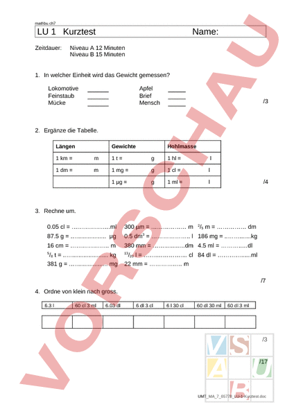 Arbeitsblatt Lu Kurztest Mathematik Gemischte Themen