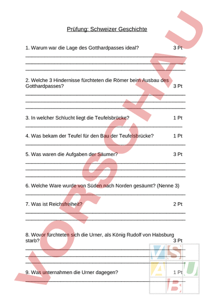 Arbeitsblatt: Test Zur CH-Geschichte - Geschichte - Schweizer Geschichte