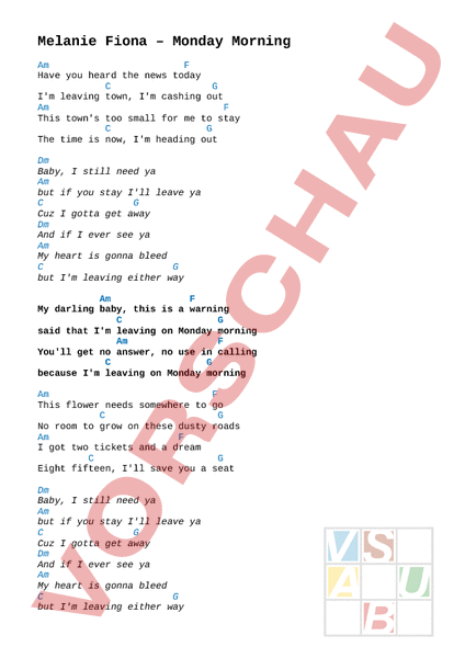 Arbeitsblatt: Melanie Fiona - Monday Morning Lyrics + Chords - Musik ...