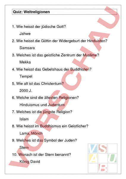 Arbeitsblatt: Quiz über die 5 Weltreligionen - Lebenskunde