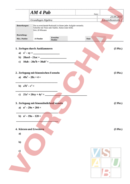 Arbeitsblatt: Test Angewandte Mathematik - Mathematik - Algebra