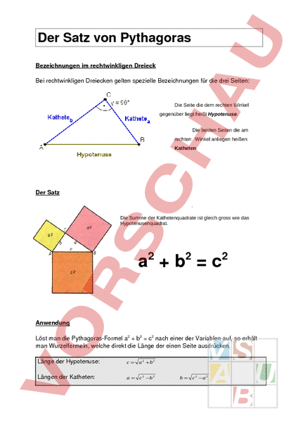 Pythagoras Arbeitsblatt
 Arbeitsblatt Satz des Pythagoras Geometrie Geraden