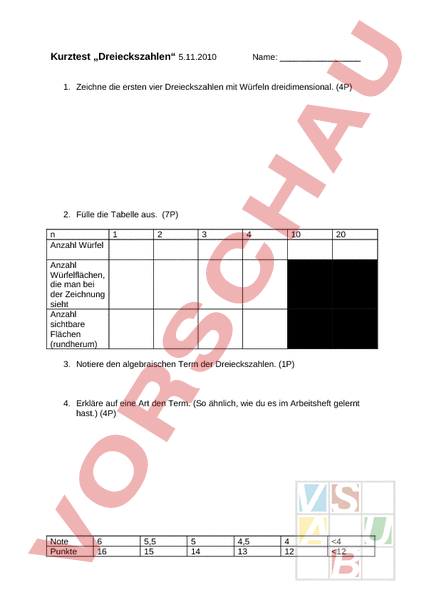 Arbeitsblatt Kurztest Dreieckszahlen Mathematik Algebra