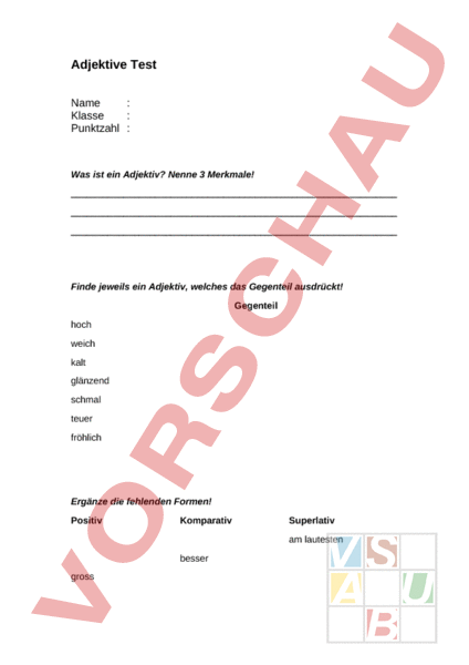 Arbeitsblatt: Adjektiv Test - Deutsch - Gemischte Themen