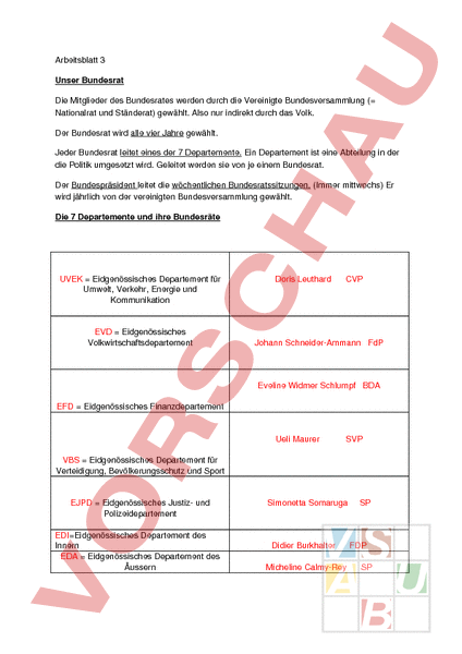 Arbeitsblatt: Schweiz Staatskunde - Geschichte - Politik