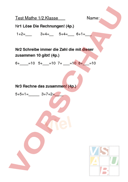 Arbeitsblatt: Mathe 1/2.Klasse Test - Mathematik - Anderes Thema