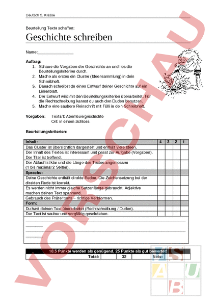 Arbeitsblatt: Beurteilung Texte Schaffen - Deutsch - Texte Schreiben