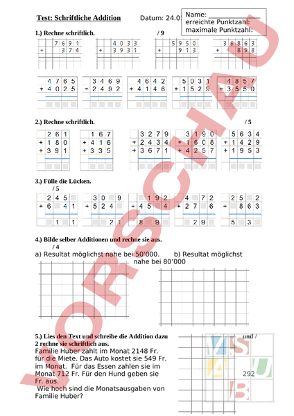 Arbeitsblatt: Schriftliche Addition - Mathematik - Schriftliches Rechnen