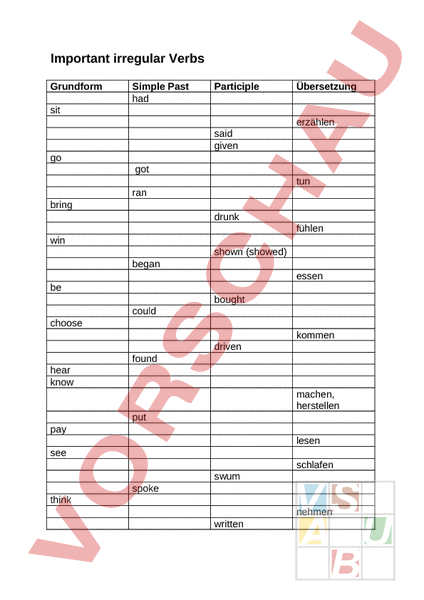 Irregular Verbs Arbeitsblatt
 Arbeitsblatt irregular Verbs Exercise Englisch Grammatik