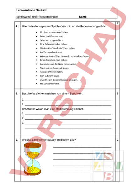 Arbeitsblatt: Lernkontrolle Thema Sprichwörter Und Redewendungen ...