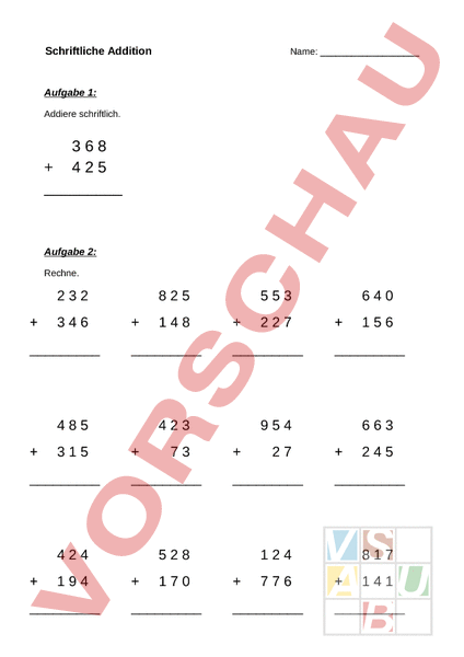 Arbeitsblatt: Schriftliche Addition - Mathematik - Addition