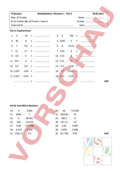 Arbeitsblatt: Multiplikation/Division mit Dezimalzahlen - Mathematik