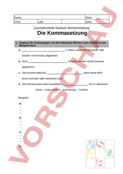 Arbeitsblatt: Kommasetzung - Deutsch - Rechtschreibung