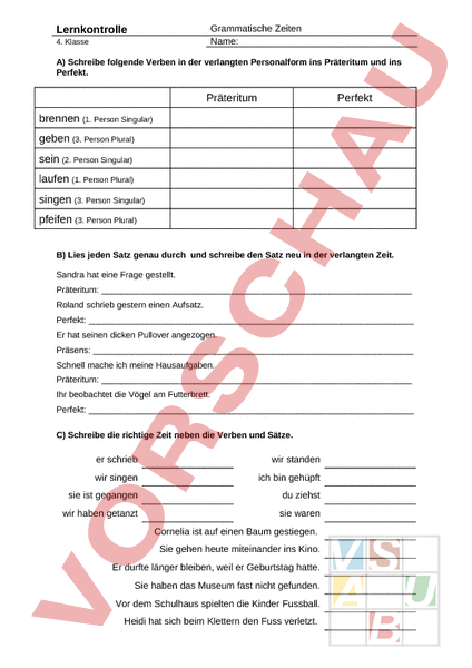 Arbeitsblatt: Lernkontrolle Grammatische Zeiten - Deutsch - Grammatik