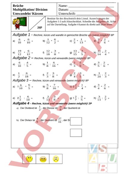 Arbeitsblatt: Brüche Test Multiplizieren Dividieren - Mathematik