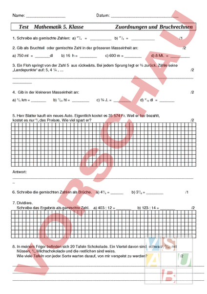 Arbeitsblatt: Test: Zuordnungen Und Brüche - Mathematik - Brüche ...