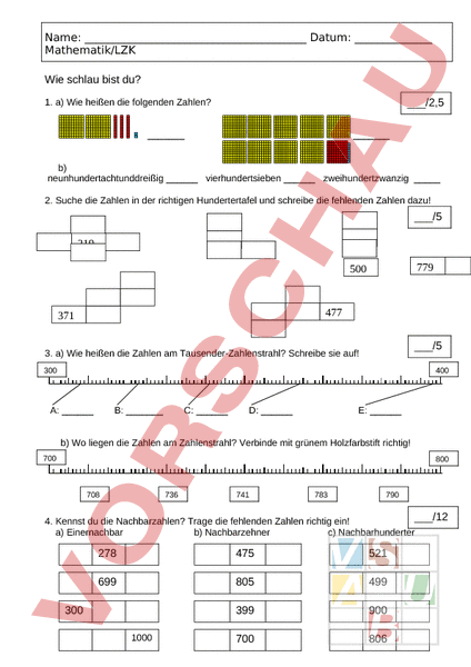 Arbeitsblatt: Probearbeit Mathematik Der Tausender - Mathematik ...