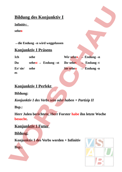 Konjunktiv Arbeitsblatt
 Arbeitsblatt Bildung Konjunktiv 1 Deutsch Grammatik