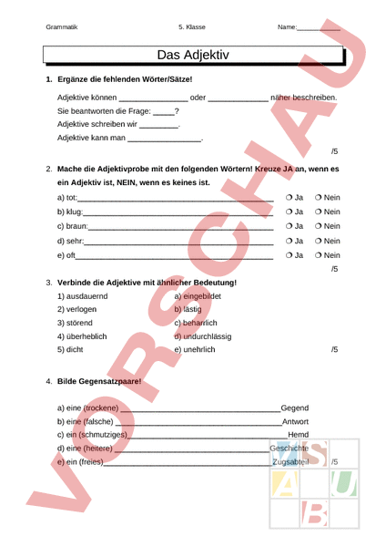 Arbeitsblatt: Test Adjektiv - Deutsch - Grammatik