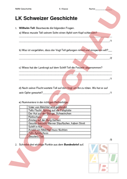 Arbeitsblatt: Test Schweizer Geschichte - Geschichte - Schweizer Geschichte