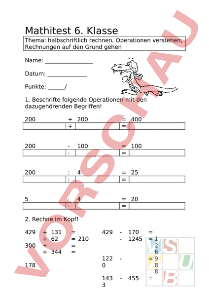 Arbeitsblatt: Mathematik Operationen, Halbschriftl. Rechnen ...