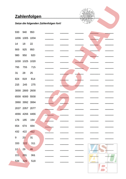 Arbeitsblatt: Zahlenfolgen - Mathematik - Gemischte Themen