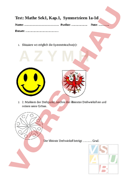 Arbeitsblatt: Test Symmetrieen 1. Sek B - Geometrie - Symmetrien