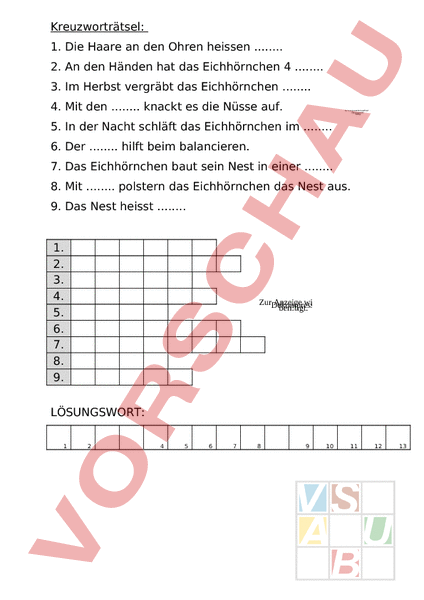 Arbeitsblatt: Kreuzworträtsel Eichhörnchen - Biologie - Tiere