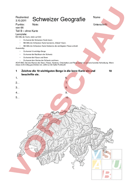 Arbeitsblatt: Schweizer Geografieprüfung - Geographie - Schweiz