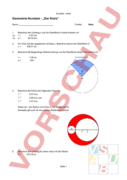 Arbeitsblatt Kurztest Der Kreis Pr Fungen Geometrie K Rper Figuren