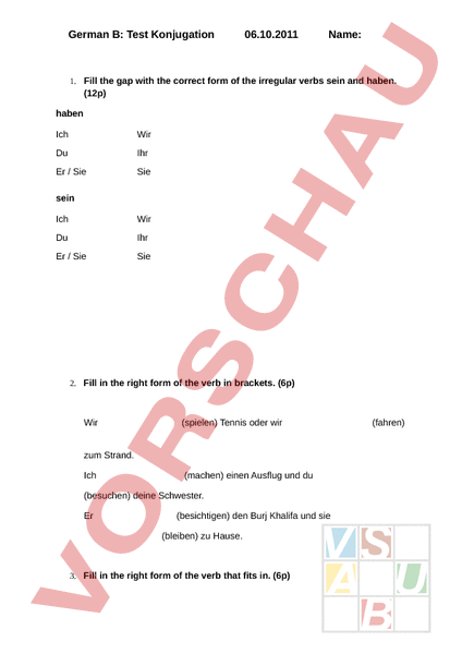 Arbeitsblatt: Test Konjugation verschiedener Verben - Deutsch - DaZ