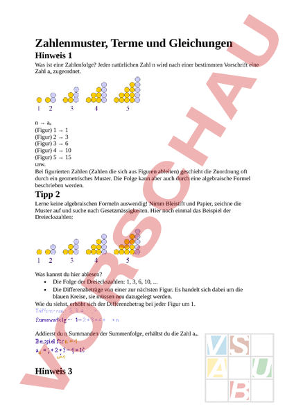 Arbeitsblatt: Zahlenmuster, Terme und Gleichungen - Mathematik
