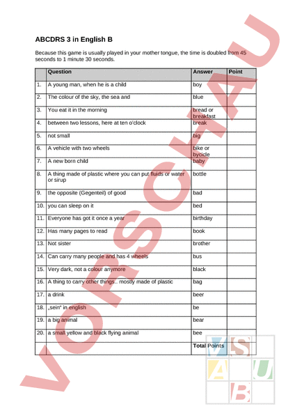 Arbeitsblatt: ABCDRS 3 In English B - Englisch - Wortschatz