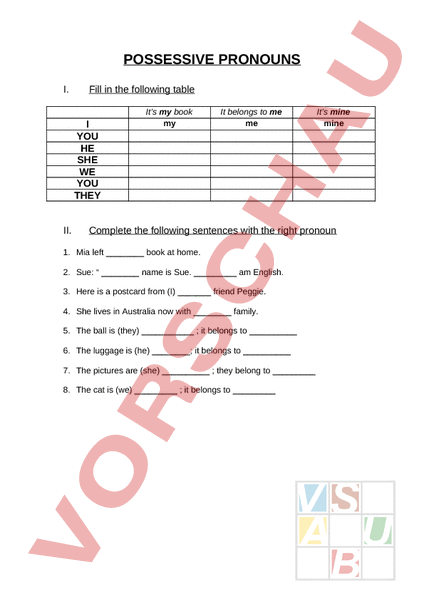 Arbeitsblatt: Possessive pronouns - Englisch - Grammatik
