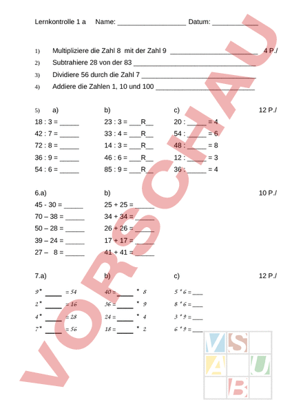 Arbeitsblatt: Mathe Test 1 3. Klasse - Mathematik - Addition